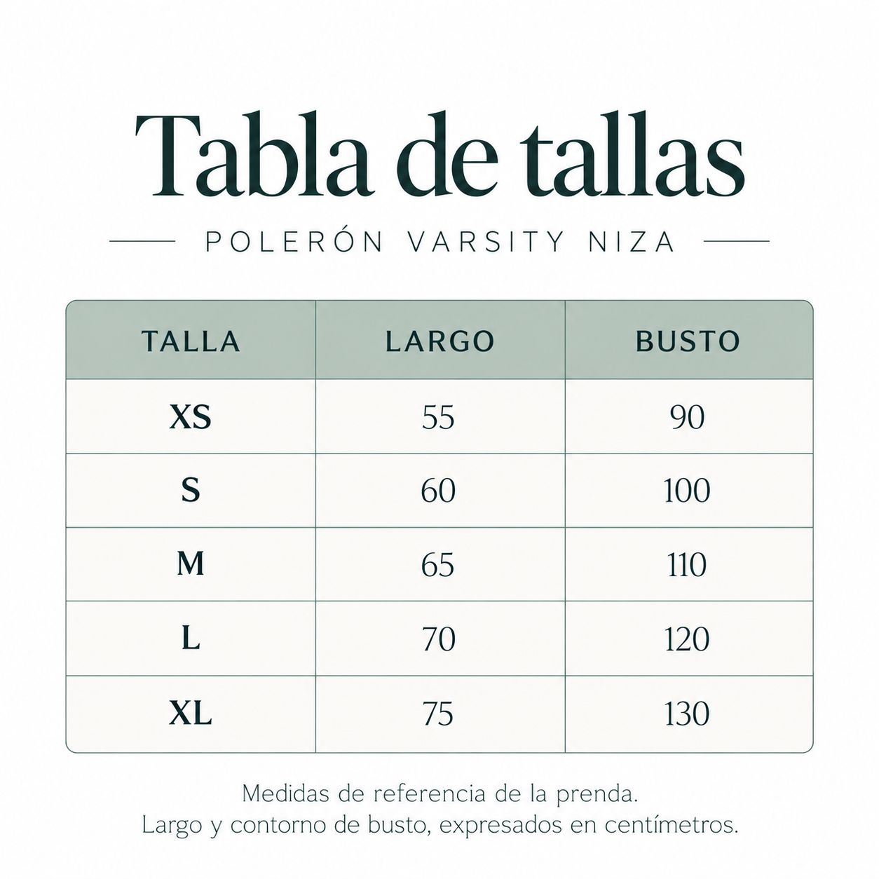 Tabla de tallas Polerón Niza