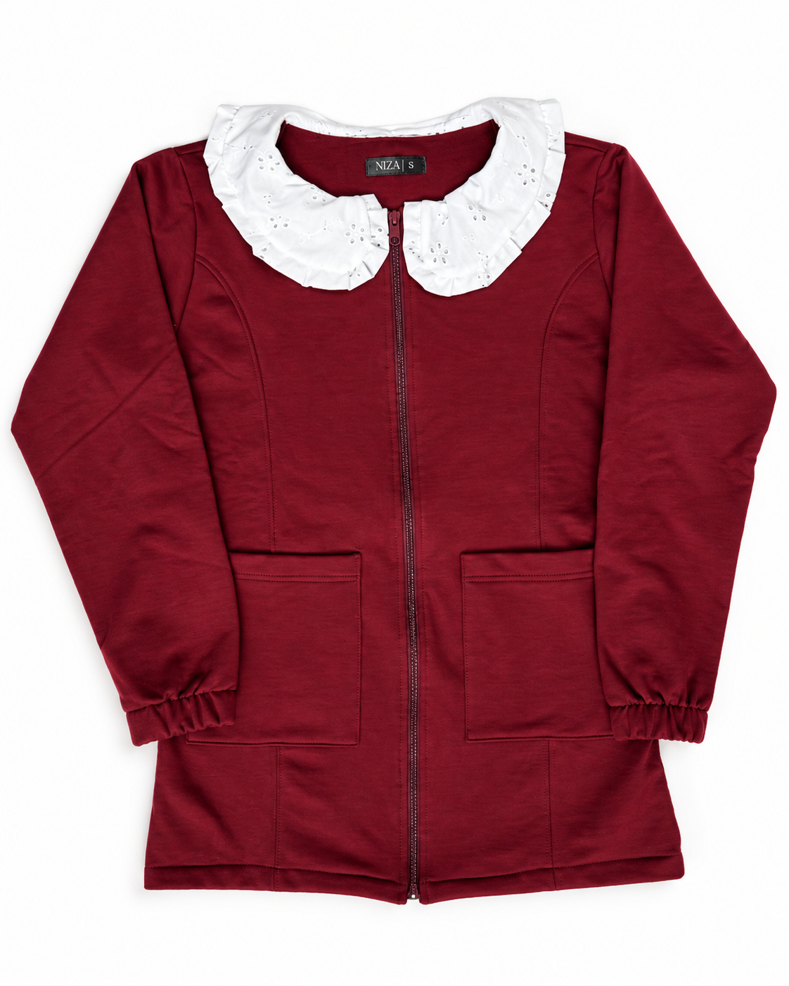 Chaqueta burdeos con cuello bordado